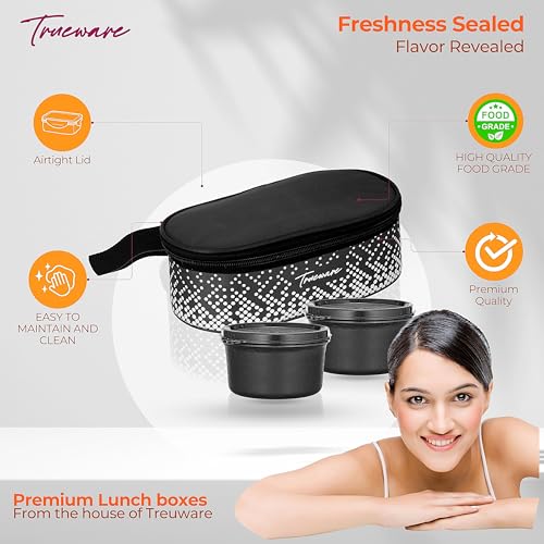 Image of Trueware Omaga Lunch Box with Insulated Fabric Jacket, 2 Microwave Safe & Leak Proof Inner Stainless Steel Containers 400ml Each Tiffin for Office, College