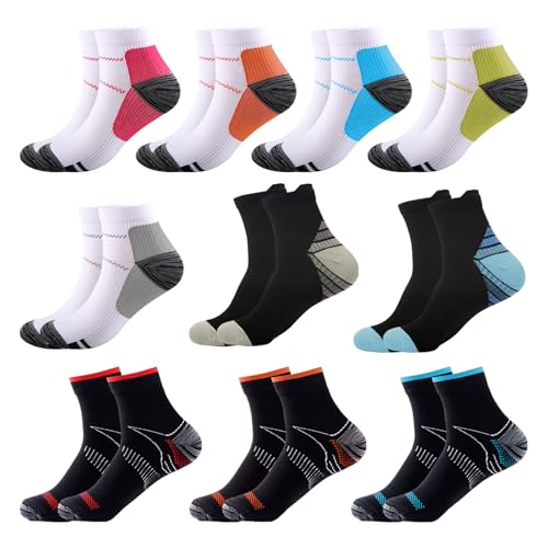 WOKICOR 10 Pares de Calcetines de Compresión para Hombre/Mujer, Deportivos para Fascitis Plantar, para Correr