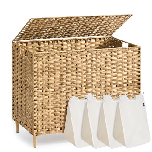 Image of SONGMICS 4-Section Laundry Hamper with Lid, 55.4 Gal (210L) PE Rattan Laundry Basket with Removable Washable Liners, for Bedroom & Living Room, Goose Yellow ULCB224YE01