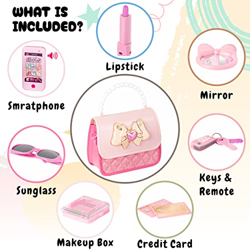 Fash N Kolor Princess Purse Pretend Play Princess Toys Set, Pink Fashion Hand Bag Includes Lipstick, Makeup Box,Sunglasses, Play Phone,Keys And More, Great Gift Set, Perfect For Girls #TOP2