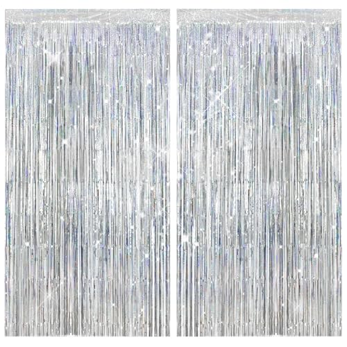 2 Pack Shiny Silver Foil Fringe Curtains | Party Streamers & Photo Booth Backdrop for Birthday Wedding Baby Shower Bachelorette Graduation & Christmas