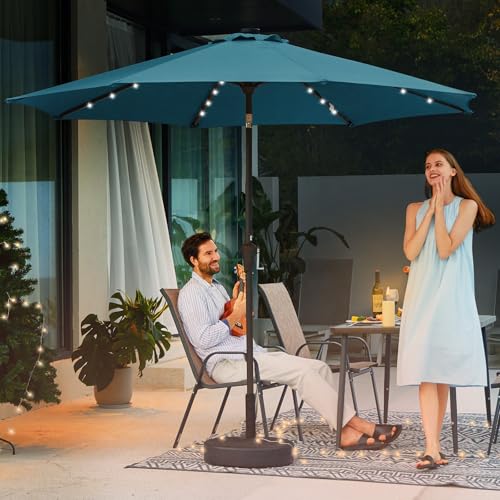Image of JEAREY 9FT Outdoor Patio Umbrella with Solar Lights, LED Lighted Pool Umbrella with Tilt and Crank, Outdoor Table Umbrellas for Deck, Yard & Market (Lake Blue)