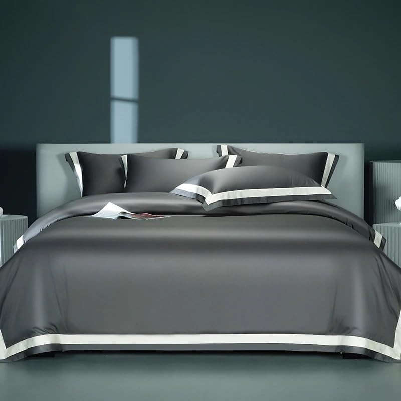 GUHPZA Juego De Sábanas, Juego De Funda Nórdica De Algodón Egipcio De Color Liso, Juego De Cama Estilo Hotel, Cómodo Y Sedoso.,Black-Fitted Sheet Style King Size