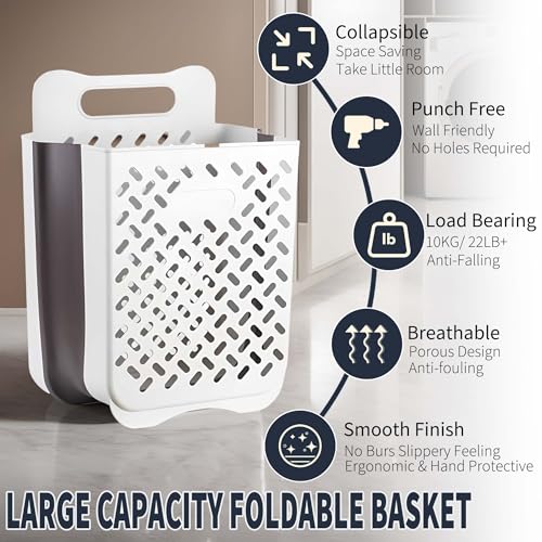Pansyling Xl Plastic Collapsible Hanging Laundry Basket With Carry Handle, Space-Saving Wall Hanging Laundry Basket Durable Tall Folding Plastic Laundry Hamper Waterproof Dirty Clothes Organizer thumb #2