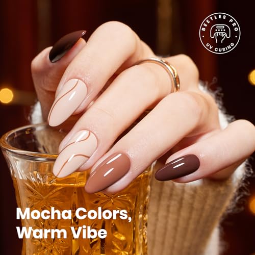 Image of Beetles Brown Gel Polish Set - Midnight Serenity HEMA-FREE Gel Polish Set, 6 Colors 15ML Full Size Mocha Brown Wine Plum Shades, Salon-Quality Long Lasting Soak Off UV LED Nail Gel with Swatch Card