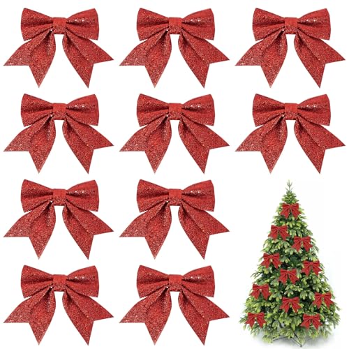 AOOSA 10 Piezas Lazos para Arbol Navidad, 16x14cm Lazos Navidad con Purpurina, Moños Navideños para Árbol, Arcos Cinta Navidad, Adornos Arbol Navidad, Decoración de Bodas, Decorar Familiares Fiestas