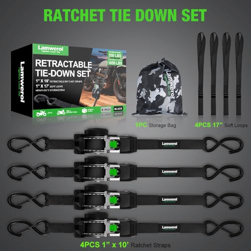 Image of Retractable Ratchet Straps (4-Pack) - 1 Inch x 10 Feet (1,650lb Break Strength) - Heavy Duty Auto Self Retracting Tie Down Straps for Motorcycle, ATV, UTV, Truck, Cargo Trailer - Black