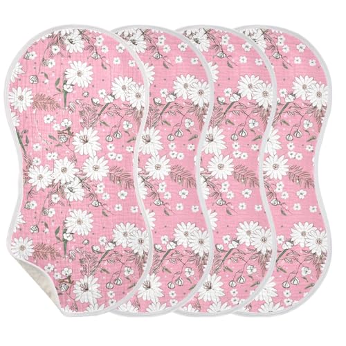 White Flowers Muslin Burp Cloths 22x11 Inch - 4-Layer Organic Cotton & TPU Waterproof Lining, Absorbent Baby Bibs for Boys/Girls with Hanging Loop3