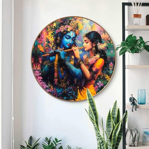 Image of Livin'luxe Radha Krishna Round Art Print with Golden Frame | Colorful Floral Divine Flute HD Art Print for Living Room Pooja Home Decor (23x23 Inch) Art-GR-211