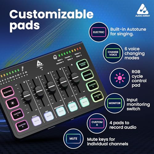 Image of Audio Array AI-06 Streaming Audio Mixer Sound Card | XLR, 1 /4 inch & line in | PC /Phone RGB Mixer with Volume Fader, Individual Control, Mute and Monitoring, 48V Phantom Power | Stream, Podcast & Karaoke