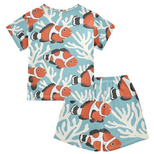 ALAZA Clownfish Coral Reef Blue Pajamas Set Short Sleeve Cotton Sleepwear Summer Pjs 2 Piece 5-14Y2