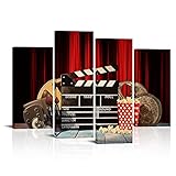VANSEEING 4 Panel Filmmaking Concept Scene Canvas Print Wall Art Classic Old Fashion Film Clapper Board Movie Projector and Popcorn Picture Paintings for Home Theater Cinema Decor Framed