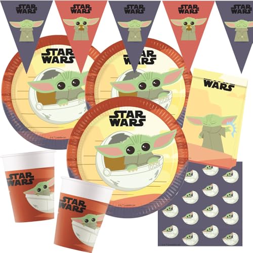 Procos Kit de fête Star Wars Mandalorian, 45 pièces, assiettes en carton, gobelets en carton, serviettes, sacs, fanions pour anniversaire d'enfant