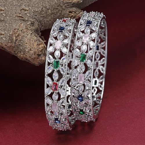 Rhodium-Plated Silver Toned American Diamond Bangle Set