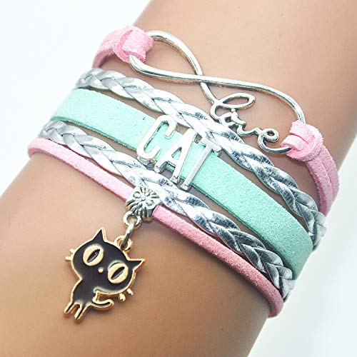 HCChanshi Cat Bracelet Jewelry - Leather Infinity Love Cat Gifts Cat BFF Jewelry Bracelet Gifts For Women, Girls, Men, Boys, Cat Lover, Cat Owner, Cat Themed Gifts (Pink,Silver and Mint Green) - Image 3