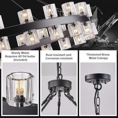 Image of 60 Inch Black Wagon Wheel Chandelier with Crystal Shade, 60 Lights, Modern Farmhouse Style, Ideal for Dining Room, Kitchen, Entryways