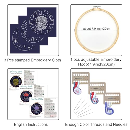 Image of Louise Maelys 3 Pcs Tarot Moon Star Embroidery Kit for Beginners, Celestial Flower Sunflower Poppy Hydrangea Needlework DIY Craft for Adults with Hoop, Printed Fabric and Instruction