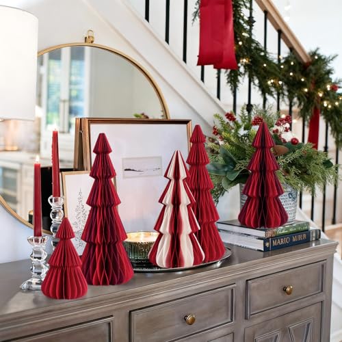 SUNBEAUTY 6 PCS Honeycomb Paper Christmas Tree Red White Paper Christmas Tree Decor 3D Honeycomb Trees Table Centerpiece Vintage Reusable Table Decor for Xmas Holiday Home Party Decorations by SUNBEAUTY - Image 6