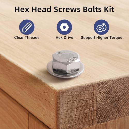 Image of (24 Sets) 1 /4-20 x 1 /2 inch Hex Head Screw Bolt,Lock Nuts,Flat & Lock Washers Kits,304 Stainless Steel 18-8,Fully Threaded