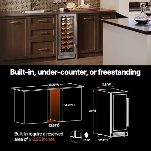 Image of Ca'Lefort 15 Inch Wine Fridge - 33 Bottle Wine Cooler Refrigerator | 40-65F Touch Control, Dual-Pane Glass Door, Adjustable Shelves, 3-Color LED, Built-In or Under Counter for Home Bar /Kitchen