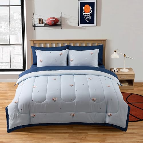 Image of Basketball Comforter Set Full Size - Bed in a Bag with Sheets, Pillowcases & Shams - Soft Stylish Sports Bedding - All Season Boys Basketball Bed Set