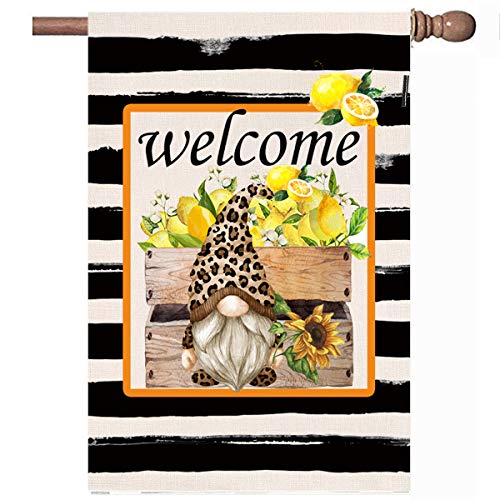 Welcome Summer Garden Flags Stripes Lemon Summer Flag outdoor flags ,Double Sided Burlap Yard Flags for Outside Farmhouse Decorations for Home Black Yellow Flags 12x18 inch