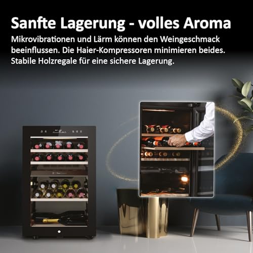 Haier Weinklimaschrank klein 50 SERIE 7 HWS42GDAU1 I 42 Flaschen Weinkühlschrank I Neue Technologie für perfekte Lagerung I Weinkühlschrank 2 Zonen, UV-Glastür & Holzregale I Wi-Fi I Wine fridge – Bild 5