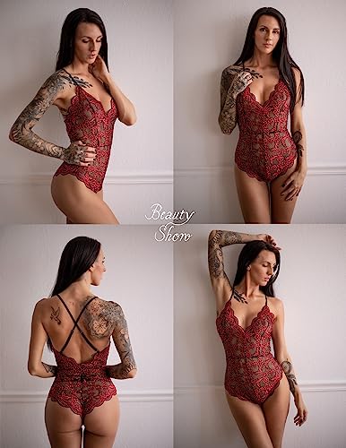 Image of Avidlove Sexy Lingerie for Women Deep V Teddy Sheer Lace Bodysuit Snap Crotch One Piece Babydoll