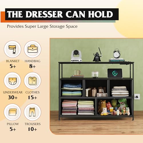 Image of WLIVE 5 Drawer Fabric Dresser Charging Station Bedroom Chest, Black