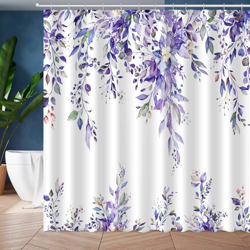 Image of Eucalyptus Shower Curtain, Abstract Aesthetic Art Watercolor Plant Leaves with Floral Bathroom Decor, Waterproof Fabric Cloth Bath Curtain Set with Hooks (Purple, 72x72 Inches)