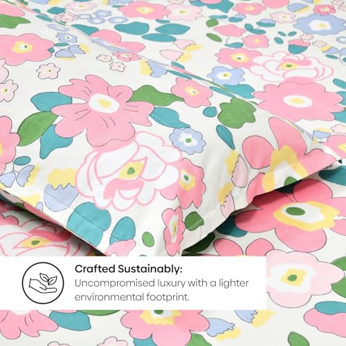 Image of Rivermoor 200 TC Ultrasoft Cotton Bedsheet for Double Bed | Queen Size Bed Sheet with 2 Pillow Covers | Pink Floral Print | 88 x 96 Inches | Breathable & Hypoallergenic