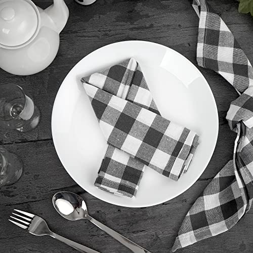 Image of FINGERCRAFT Dinner Table Napkins, Pack of 12, Everyday Use, Quality Cotton Buffalo Plaid Cloth Napkins Washable & Reusable 20in x 20in, (Charcoal /White)