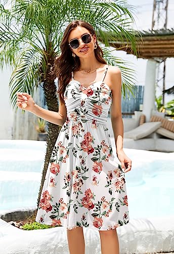Image of Women's Summer Casual Dress Florals Buttons Down Ruched Sweetheart Neck Sleeveless Midi Sundress