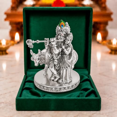 Image of 999 Silver Radha Krishna Idol with Cow - 4 Inch | Radhe Krishna Murti for Wedding for Couple, House Warming Gifts for Pooja Room