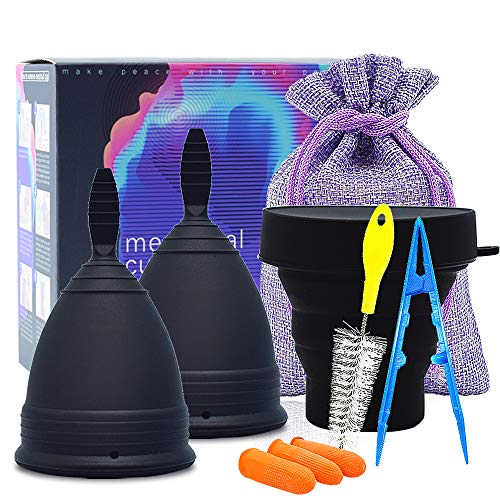 TIMKDLE Menstrual Cup Set - Reusable Period Cups - Silicone Collapsible Cup with Cleaning Tool - Heavy Flow - Large and Small (Black)