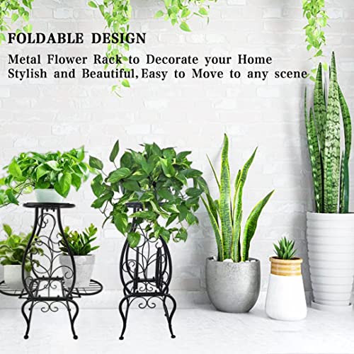 Xaxm Metal Plant Stand Indoor Outdoor - 2 Tier 3 Potted Flower Pot Holder Potted Display Rack - Bearing 50Kg Wrought Iron Planter Organizer Shelf For Corner Balcony Living Room Bedroom Office, Black #TOP4