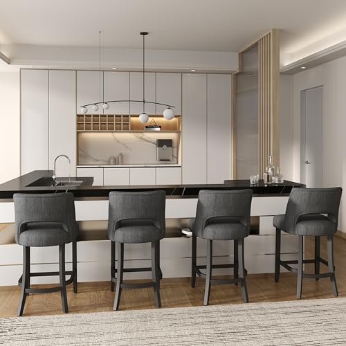 Image of VKNOW Bar Stools Set of 2, 26 inch Upholstered Counter Height Bar Stools | Modern Counter Stools with Black Rubberwood Legs for Kitchen Island Dining Room Bar, Dark Grey-Black Legs