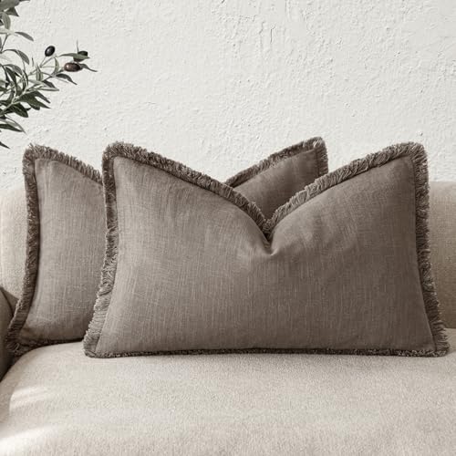 Image of Foindtower Set of 2 Decorative Linen Fringe Lumbar Throw Pillow Covers Boho Farmhouse Cushion Cover with Tassels Accent Pillowcase for Couch Sofa Bed Living Room Home Decor,12x20 Inch,Light Coffee