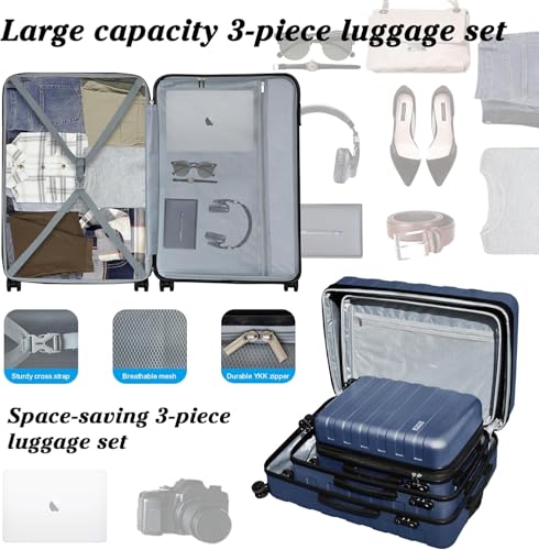 Image of KEYTANG Hardside Expandable Spinner Wheels Luggage Suitcase W /TSA Lock, Navy Blue, 555-3pcs