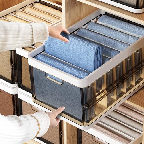 Organizador de armario, 2 paquetes de contenedores apilables con tapas para ropa plegada, 7 compartimentos, organizadores de armario de plástico duradero y almacenamiento