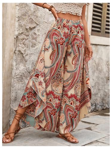 Women's Paisley Print Boho Pants Wide Leg Baggy Pants Elastic High Waisted Summer Lounge Beach Trousers3