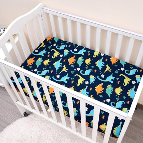 Image of PHF Soft Mini Crib Sheet Set, 2 Pack Silky Comfy Pack N Play Sheets for Boys Girls, Universal Fit for Pack N Play, Playard and Mini Crib Mattresses, Dinosaur