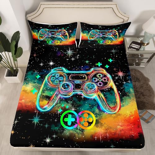 Kids Gamer Fitted Sheet Queen Size Gaming Bed Sheet Set for Boys Girls Teens Bedroom Decor Modern Game Console Controller Bedding Set Breathable Soft Lightweight Microfiber 3Pcs