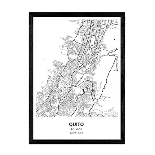 Affiche Nacnique avec carte de Quito - Équateur. Lames de villes d'Amérique latine avec des mers et des rivières de couleur noire. Taille A3 avec cadre