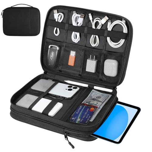 Electronics Travel Organizer Case, Double Layers Cord Organizer Travel All-in-One Storage Bag for Cable, Cord, iPad, Chargers, fits 9-11” Tablets, Portable Tech Accessories Bag, Black