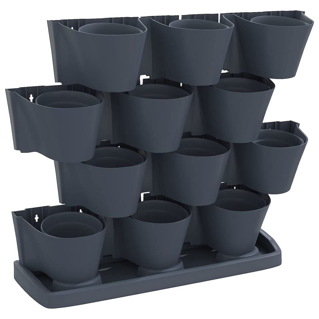 Set di 12 vasi verticali in polipropilene antracite - Vaso da fiori da parete con sistema di irrigazione intelligente - Supporto modulare per erbe, verdure e fiori
