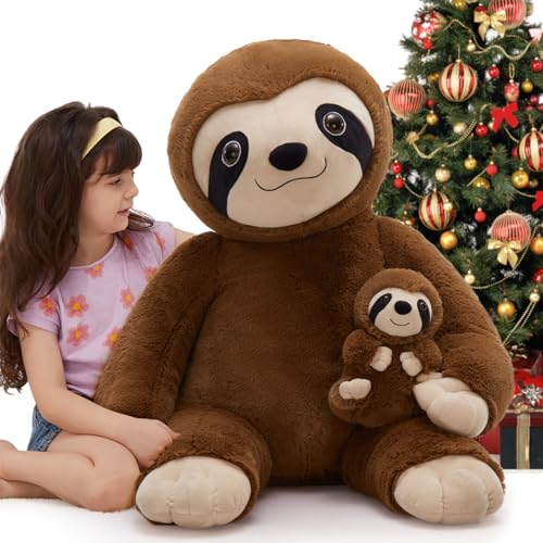 MorisMos Giant Sloth Stuffed Animal Hugging Plush Toys Duo,38' Big Mama and Baby Plush Sloth Toys for Kid Girl Boy,3ft Giant Stuffed Animals Gift for Birthday Baby Shower Decor Valentine's Christmas