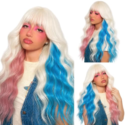 NOSTALGIA Pink Blue Blonde Wig with Bangs for Women Long Wavy Synthetic Wig - image 1