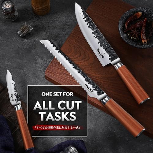 Image of Huusk Japanese Kitchen Knife Set of 3, Professional Chef Knives Set for Kitchen, Sharp Cooking Knife Sets with Bread, Gyutou & Paring Knives, High Carbon Steel Sharp Cutting Knifes, Men Women Gifts