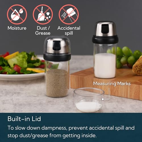 Image of KITCHENDAO 2 in 1 Glass Salt and Pepper Shaker Set with Side Pour Spout,Built-in Lid to Slow Down Danmpness with Mearsuring Marks,(Black)